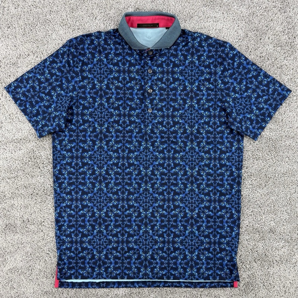 Greyson Polo Men M Maltese Blue Migration Performance Stretch Golf Butterfly AOP